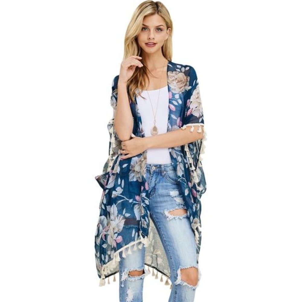 Blue Floral Print Fringe Kimono Shawl Open Cardigan Kaftan‎ Poncho Cover Up Vest